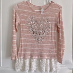 Beautees girls pink and white sweater with a sparkling heart and lace hem Size 8